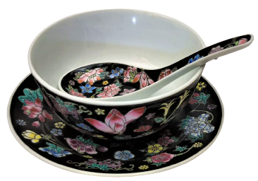 CİN CORBA TAKIMI PORSELEN ÜZERİ CİCEKLİ ALT TABAK KASE KAŞIK TOPLAM ÜC PARCA