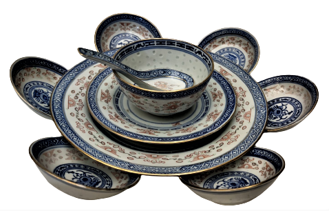 CİN YEMEK KÜLTÜRÜ CORBA SERVİS TAKIMI PORSELEN ÜZERİ CİN CİCEKLİ ON PARCA