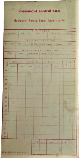 1970 MENSUCAT SANTRAL İŞCİ GİRİŞ CIKIŞ KARTI BAŞKASININ KARTINA BASAN İŞTEN CIKARILIR 