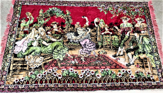 1950 FİLOŞ EL TEZGAH DOKUMASI DANS EDEN RAKKASELER VE CALGI CALAN CENGİLER CANLI RENKLERDE DUVAR HALISI