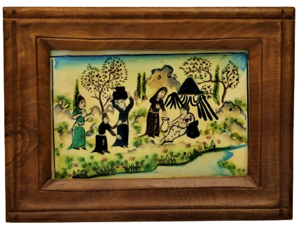 KEMİK ÜZERİNE KOMPLE EL CİZİM SANATCI İŞİ  MINYATUR YAGLI BOYA RESİM SUNTANA HİZMET EDERLERKEN RESMEDİLMİŞ MASİF ORJINAL CERCEVESİNDE