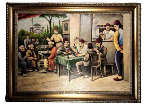 D.1944 O. 2024 SANATCI YAKUP HÜSEYİNZADE İMZALI  OSMANLI KAHVEHANEDE KAGIT OYUNU OYNAYANLAR TUAL UZERİNE YAGLI BOYA