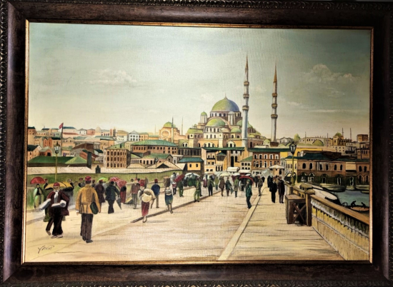 D.1944 O.2024 SANATCI YAKUP HÜSEYİNZADE İMZALI OSMANLI TAHTA GALATA KÖPRÜSÜNDEN GECEN İNSANLAR CALIŞMASI  TUAL UZERİNE YAGLI BOYA