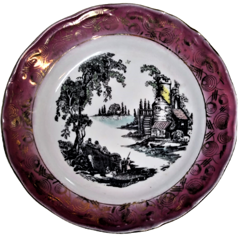 İSTANBUL PORSELEN TÜRK MALI DUVAR TABAGI KENARLAR FUŞYA RENK BORDUR  İÇERSİ ALTIN EL CEKMELER ORTADA  SU DEGİRMENİ VE OTURANLAR 