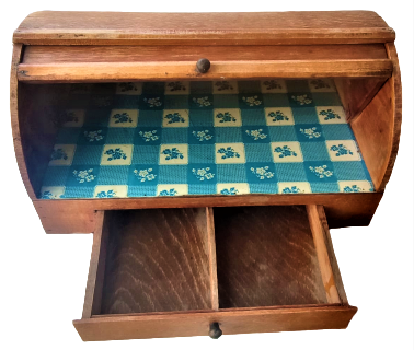 1940 MASİF STOR KAPAKLI ATÖLYE EL YAPIM  CEKMECELİ EKMEK SAKLAMA DOLABI  İÇERSİ MAVİ MUSANBA KAPLAMA 