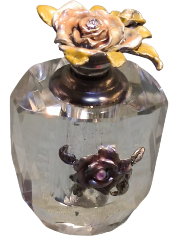 OSMANLI PAZARINA YAPILMIŞ GÜMÜŞ GÜL  KAPAKLI ŞİŞE ONUNDE TAŞLI GÜL FASATALI ŞEFFAF CAM KESİM ŞİŞE  FRANSIZ PARFUM ŞİŞESİ 