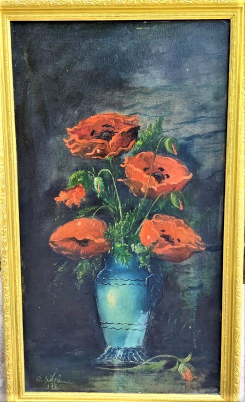 1973 TARİHLİ OL. ŞÜKRÜ SANATCI İMZALI VAZODA GÜLLER KASNAK ÜZERİ TUAL UZERİNE YAGLI BOYA CALIŞMA MASİF KENDİ ORJİNAL CERCEVESİNDE 