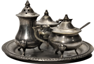 GÜMÜŞ KAPLAMA 4 PARÇADAN OLUŞAN MASA ÜZERİ ORJINAL TEPSİSİNDE  BAHARAT SERVİS TAKIMI