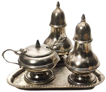 MASA ÜZERİ BAHARAT TAKIMI ÜCGEN FORMDA TEPSİ TUZLUK BİBERLİK VE KAŞIKLI KAPAKLI SOSLUK  4 PARCA GÜMÜŞ KAPLAMA