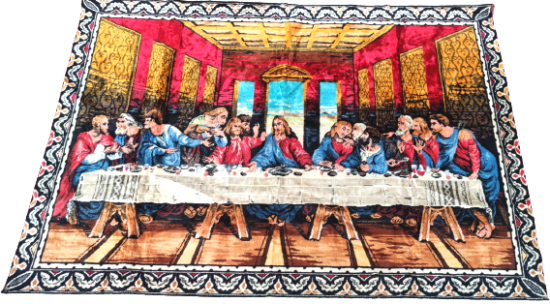 1970 LEONARDO DA VİNCİ NİN ESERİ OLAN HZ. İSA SON AKŞAM YEMEĞİ KONULU ESERİNİN KADİFE FLOŞ ÜZERİNE EL TEZGAHLARINDA DOKUNMUŞ COK CANLI RENKLERDE 