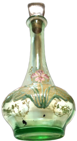 OSMANLI SU YEŞİLİ ÜZERİ EL İŞLEME RENKLİ CİCEKLERLE BEZELİ AGIZ KISMI MANTAR VE CAM TIPALI KARAF ŞİŞE