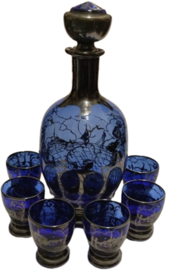 1900 ZEMZEM TAKIMI OSMANLI PAZARI İÇİN ÖZEL YAPILMIŞ ÜZERLERİ GÜMÜŞ EL CEKME KOBALT MAVİSİ CAMİİ TAVSİRLİ TAM TAKIM