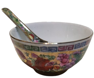 CİN CORBA TAKIMI PORSELEN ÜZERİ CİCEKLİ KASE KAŞIK TOPLAM İKİ PARCA DAMGALI 