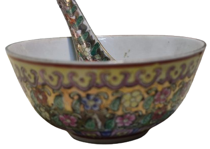 CİN CORBA TAKIMI PORSELEN ÜZERİ CİCEKLİ KASE KAŞIK TOPLAM İKİ PARCA DAMGALI 