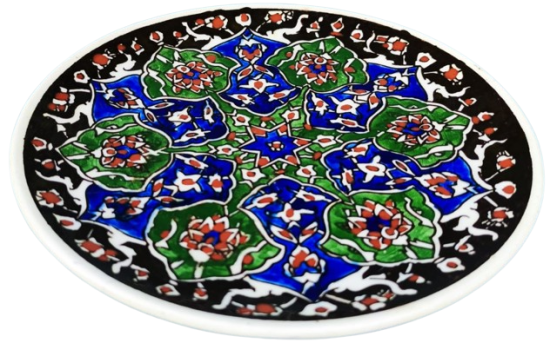 1950 KUTAHYA CİNİ EL YAPIM EL CİZİM VE BOYAMA DUVAR TABAGI ORTASI OSMANLI YILDIZI KENARLAR SİYAH İÇERSİNDE CİCEK DESENLERİ 