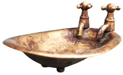 1970 MİNYATUR PİRİNC CİFT MUSLUKLU KUVET ŞEKLİNDE TASARLANMIŞ SABUNLUK DÖRT PENCE AYAKLI 