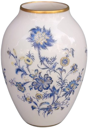 LİMOGES PORSELEN  VAZO  BEYAZ ÜZERİNE MAVİ CİCEK ALT VE AGIZ KISMI EL CEKME VALTIN YALDIZ FRANSIZ ÜRETİMİ