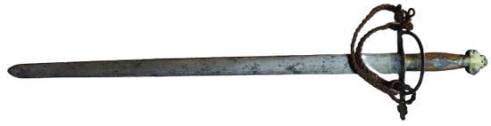 İSPONYOL KORSAN KILICI ELDEN KACMAMASI İÇİN İP EL SARILIR BALCAK KISIM PİRİNC VE AHŞAP BALCAGIN UST TOPUZ KISMINDA BİR KAC İŞARET BULUNMAKTA 