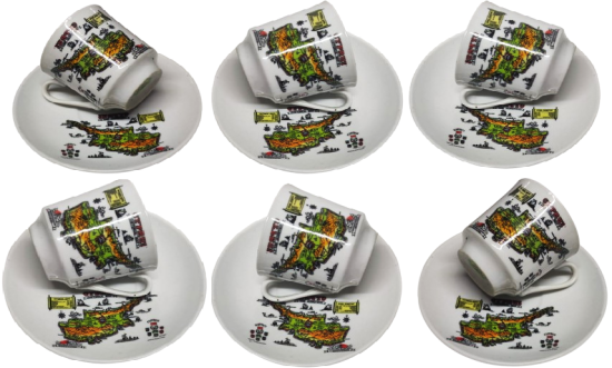 1970 KIBRIS CYPRUS RENKLİ HARİTASI BULUNAN PORSELEN TURK TİPİ FİNCAN KAHVE TAKIMI ALTI TABAK ALTI KULPLU FİNCAN