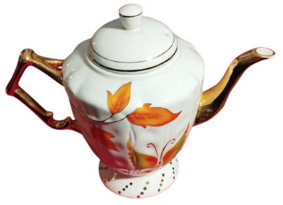 PORSELEN KAPAKLI CAY POTU UZERİ CİCEKLİ VE ALTIN CEKME KULP VE EMZİK KISMI 