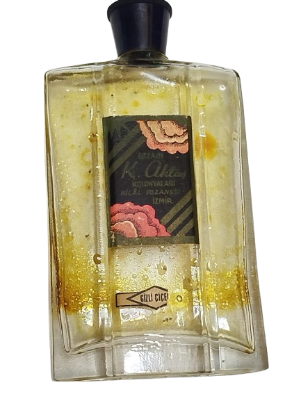 ECZACI K. AKTAŞ KOLONYA  GİZLİ CİCEK  HİLAL ECZANESİ İZMİR BAKALIT KAPAK CAM SİŞE