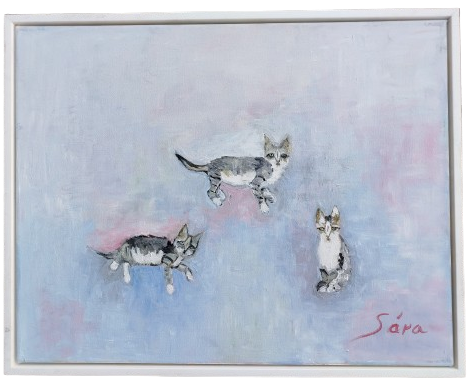 BİLGE SARA ÇAGLAR TURK RESSAM SANATCI İMZALI 3 KEDİ YAGLI BOYA TABLO