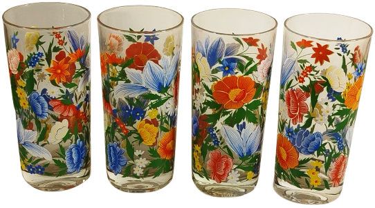 1970 UZUN BOY GENİS AGIZLI SUŞERBET İCECEK  BARDAGI 4 ADET UZERLERİ EL BOYAMA  RENKLİ CİCEK DESENLİ