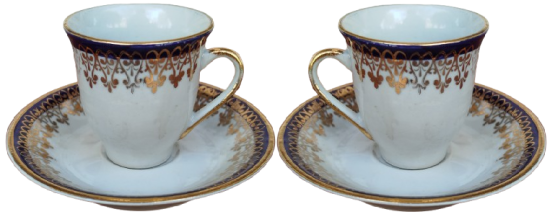 1960 İSTANBUL PORSELEN CİFT TURK KAHVE BOYU TABAKLI FİNCAN ALTIN EL CEKME KENAR VE İSLEMELER