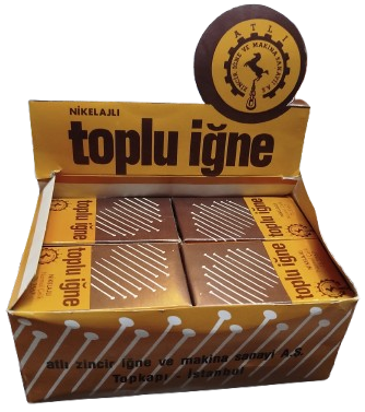 1970 ATLI ZİNCİR İGNE VE MAKİNE SANAYİİ A.S 12 PAKET KUTUSUNDA KULLANILMAMIS NIKELAJLI TOPLU İGNE KUTUSU