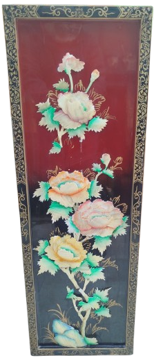 1970 JAPON EL SANATI SEDEF CİCEKLER LAKE BORDO SIYAH AHSAP PANO UZERİNDE