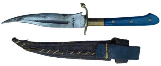 BURSA KAMA  DERİ DİKİŞLİ KINLI UFAK BOY CELİK BALCAK KISMI PİRİNC EL KISMI MAVİ DOKME SEDEF