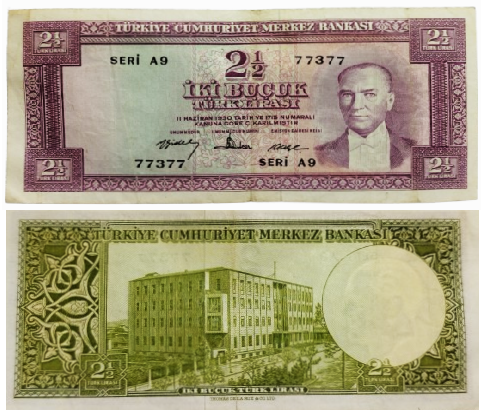 TURKİYE CUMHURİYETİ  5. EMİSYON 4. TERTİP  İKİ BUÇUK TÜRK LİRASI 2,5 TL SERİ: A9 SERİ NO NUMARASI: 77377 İNGİLTERE BASIMI