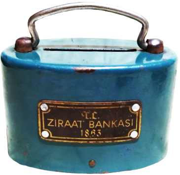 1950 TC ZİRAAT BANKASI 1863 MAVİ METAL KUMBARA UZERİNDE PERCİNLİ PLAKET MEVCUT