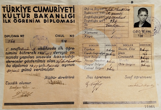 1937 TURKİYE CUMHURİYETİ KULTUR BAKANLIGI İLK OKUL DİPLOMASI