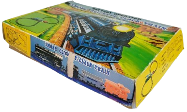 1990 SMOKE CLICKETY CLACK TRAIN OYUNCAK PİLLİ TREN  RAYLAR LOKOMATİF VE YUK VAGONLARI KUTUSUNDA
