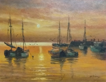 2009 KADİR EKİM SANATCI İMZALI YAGLI BOYA BOGAZDA GUN BATIMI BALIKCILAR SANDALLAR 