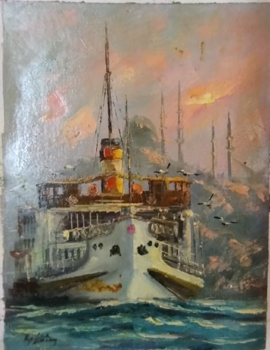2009 KADİR EKİM SANATCI İMZALI YAGLI BOYA BOGAZDA YOLCU VAPURU TUAL YAGLI BOYA 