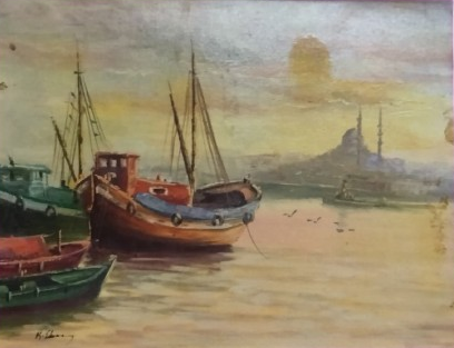 2009 KADİR EKİM SANATCI İMZALI YAGLI BOYA EMİNONUNDE MAVNALAR SANDALLAR 