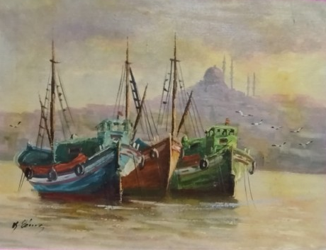 2009 KADİR EKİM SANATCI İMZALI YAGLI BOYA İSTANBUL UNKAPANI KARAKOYDE ESKİ HAL MAVNALAR