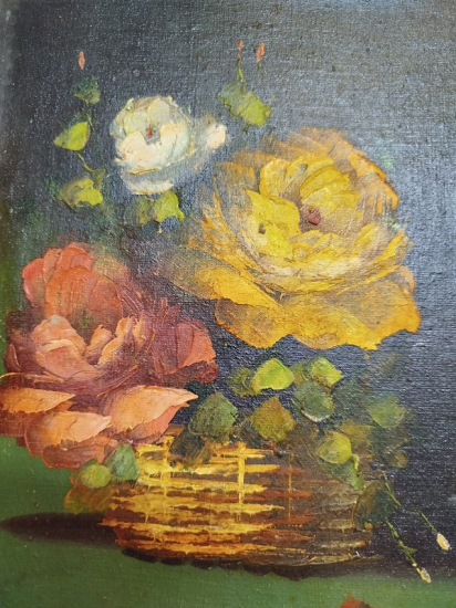 2009 KADİR EKİM SANATCI İMZALI YAGLI BOYA  HASIR ORME SEPETDE RENKLİ GULLER 