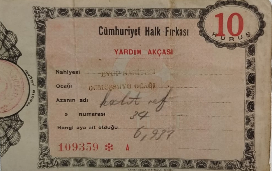 1937 CUMHURİYET HALK FIRKASI 10 KURUŞ YARDIM AKÇASI EYUP NAHİYESİ GUMUSSUYU OCAGI 