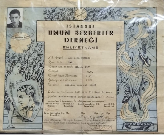 1950 İSTANBUL UMUM BERBERLER DERNEGİ EHLİYETNAME BERBER ACMA DİPLOMASI