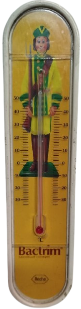 TERMOMETRE EV İCİ SICAKLIK  SOGUKLUK OLCER DERECE CAM CUBUK İCERSİNDE KIRMIZI CIVA TENEKE UZERİNDE ASKER BULUNAN ROCHE BACTRIM