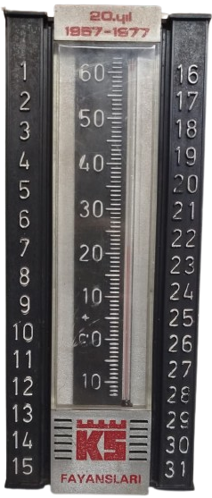 TERMOMETRE EV İCİ SICAKLIK  SOGUKLUK OLCER DERECE CAM CUBUK İCERSİNDE KIRMIZI CIVA PLASTİK CANAKKALE FAYANSLARI 20 YIL ANISINA