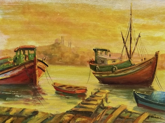 KADİR EKİM SANATCI İMZALI YAGLI BOYA İSTANBUL HALİCDE ESKİ HAL MAVNALAR SEBZE MEYVA YUKU BEKLERKEN 