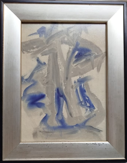 ZEKİ FAİK İZEL İMZALI KARISIK TEKNİK SULU BOYA   GRI MAVİ  TONLARDA ABSTRACT (SOYUT)  CALIŞMA 