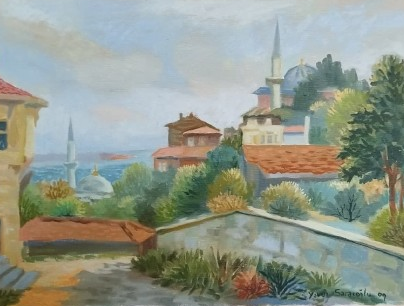 TURK RESSAM YAVUZ SARACOĞLU 2009 İMZALI TUAL ÜZERİ YAGLIBOYA  İSTANBUL BOGAZI CALIŞMASI