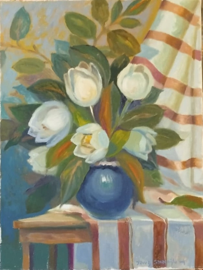 TURK RESSAM YAVUZ SARACOĞLU 2009 İMZALI TUAL ÜZERİ YAGLIBOYA VAZODA CİCEKLER CALIŞMASI