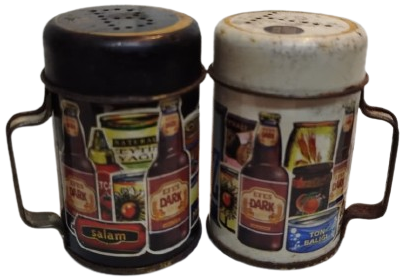 1980 EFES DARK BİRA REKLAMLI TENEKE TUZLUK KARABİBER YANDAN KULPLU MASA UZERİ KOLEKSİYON