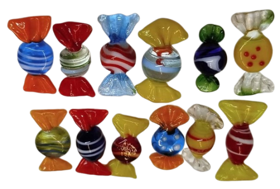 İTALYANIN VENEDİK'E BAĞLI MURANO ADASI'NDA ÜRETİLEN EL YAPIM RENKLİ SEKERLER 12 ADET KARISIK RENKDE